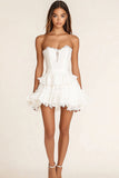 Strapless White Lace Tiered Short Graduation Dress with Ruffles