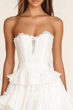 Strapless White Lace Tiered Short Graduation Dress with Ruffles