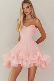 Pink Lace Sweetheart Short Graduation Dress with Ruffles