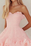 Pink Lace Sweetheart Short Graduation Dress with Ruffles