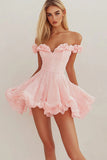 Pink Satin Off the Shoulder Short Graduation Dress with Ruffles