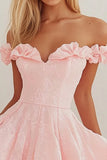 Pink Satin Off the Shoulder Short Graduation Dress with Ruffles