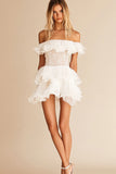 White Tulle Off the Shoulder Ruffled Short Graduation Dress with Lace