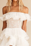 White Tulle Off the Shoulder Ruffled Short Graduation Dress with Lace