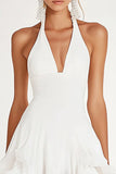 White Bodycon Halter Chiffon Short Graduation Dress with Ruffles