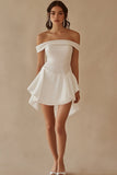 Sparkly Off the Shoulder White Satin Short Graduation Dress with Beading