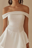 Sparkly Off the Shoulder White Satin Short Graduation Dress with Beading