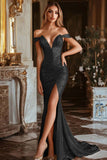 Sparkly Golden Mermaid Off The Shoulder Long Formal Dress With Slit