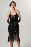 Black Golden Sequin Spaghetti Straps Bodycon Short 1920s Flapper Dress with Tassels