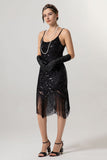 Black Golden Sequin Spaghetti Straps Bodycon Short 1920s Flapper Dress with Tassels