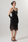 Black Golden Sequin Spaghetti Straps Bodycon Short 1920s Flapper Dress with Tassels