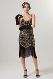 Black Golden Sequin Spaghetti Straps Bodycon Short 1920s Flapper Dress with Tassels
