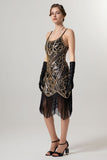 Black Golden Sequin Spaghetti Straps Bodycon Short 1920s Flapper Dress with Tassels