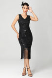 Black Burgundy Sequin V Neck Bodycon Fringed Short 1920s Dress