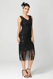 Black Burgundy Sequin V Neck Bodycon Fringed Short 1920s Dress