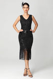 Black Burgundy Sequin V Neck Bodycon Fringed Short 1920s Dress