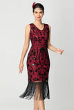 Black Burgundy Sequin V Neck Bodycon Fringed Short 1920s Dress