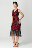 Black Burgundy Sequin V Neck Bodycon Fringed Short 1920s Dress