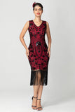Black Burgundy Sequin V Neck Bodycon Fringed Short 1920s Dress