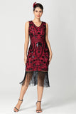 Black Burgundy Sequin V Neck Bodycon Fringed Short 1920s Dress