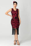 Black Burgundy Sequin V Neck Bodycon Fringed Short 1920s Dress