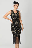 Black Burgundy Sequin V Neck Bodycon Fringed Short 1920s Dress