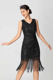 Black Burgundy Sequin V-Neck Short Bodycon Fringed 1920s Dress with Beading