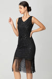 Black Burgundy Sequin V-Neck Short Bodycon Fringed 1920s Dress with Beading