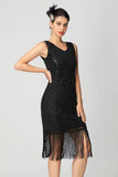 Black Burgundy Sequin V-Neck Short Bodycon Fringed 1920s Dress with Beading