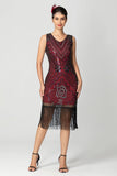 Black Burgundy Sequin V-Neck Short Bodycon Fringed 1920s Dress with Beading