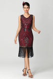 Black Burgundy Sequin V-Neck Short Bodycon Fringed 1920s Dress with Beading
