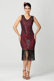 Black Burgundy Sequin V-Neck Short Bodycon Fringed 1920s Dress with Beading