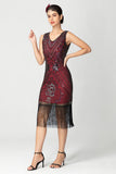 Black Burgundy Sequin V-Neck Short Bodycon Fringed 1920s Dress with Beading