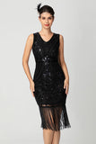 Black and Burgundy Sequin Short Fringed V Neck Bodycon 1920s Dress