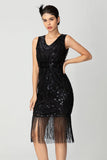 Black and Burgundy Sequin Short Fringed V Neck Bodycon 1920s Dress