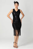 Black and Burgundy Sequin Short Fringed V Neck Bodycon 1920s Dress