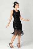 Black and Burgundy Sequin Short Fringed V Neck Bodycon 1920s Dress