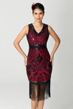 Black and Burgundy Sequin Short Fringed V Neck Bodycon 1920s Dress