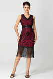 Black and Burgundy Sequin Short Fringed V Neck Bodycon 1920s Dress