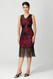 Black and Burgundy Sequin Short Fringed V Neck Bodycon 1920s Dress
