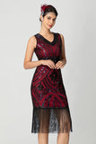 Black and Burgundy Sequin Short Fringed V Neck Bodycon 1920s Dress