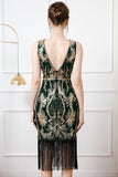 Sparkly Black Golden Boat Neck Midi Bodycon Fringed 1920s Dress