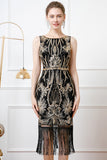 Sparkly Black Golden Boat Neck Midi Bodycon Fringed 1920s Dress
