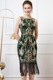 Sparkly Black Golden Boat Neck Midi Bodycon Fringed 1920s Dress