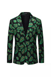 Dark Green Leaf Printed Notched Lapel Single-breasted Men's Formal Blazer