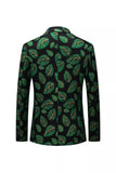Dark Green Leaf Printed Notched Lapel Single-breasted Men's Formal Blazer