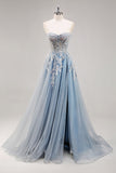 A Line Strapless Sheer Dusty Blue Corset Beaded Long Formal Dress with Slit