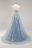 Dusty Blue A Line Strapless Sheer Corset Beaded Long Prom Dress with Slit