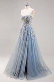 Dusty Blue A Line Strapless Sheer Corset Beaded Long Prom Dress with Slit