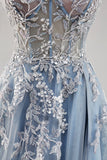 Dusty Blue A Line Strapless Sheer Corset Beaded Long Prom Dress with Slit